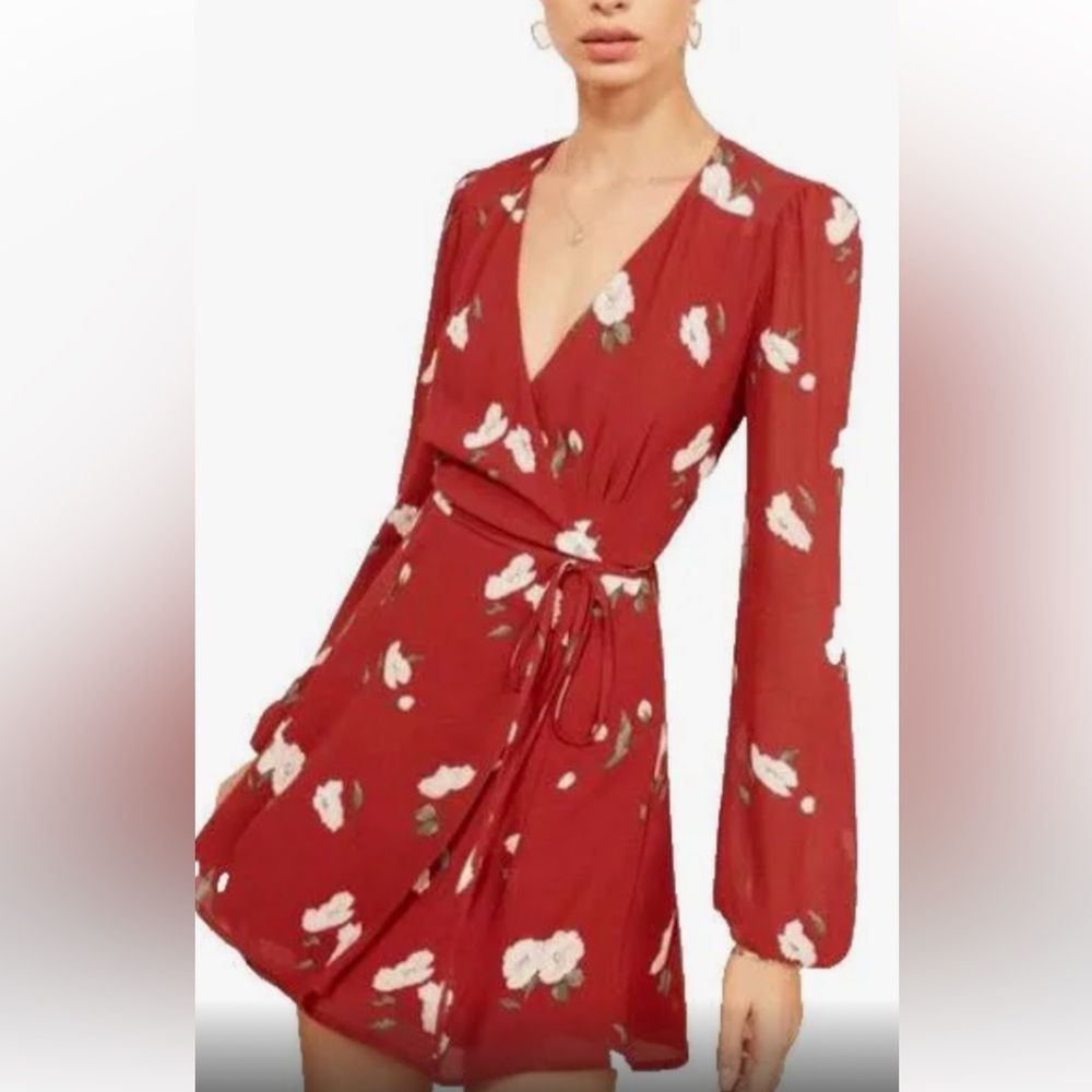Reformation burgundy wrap dress mini floral print M